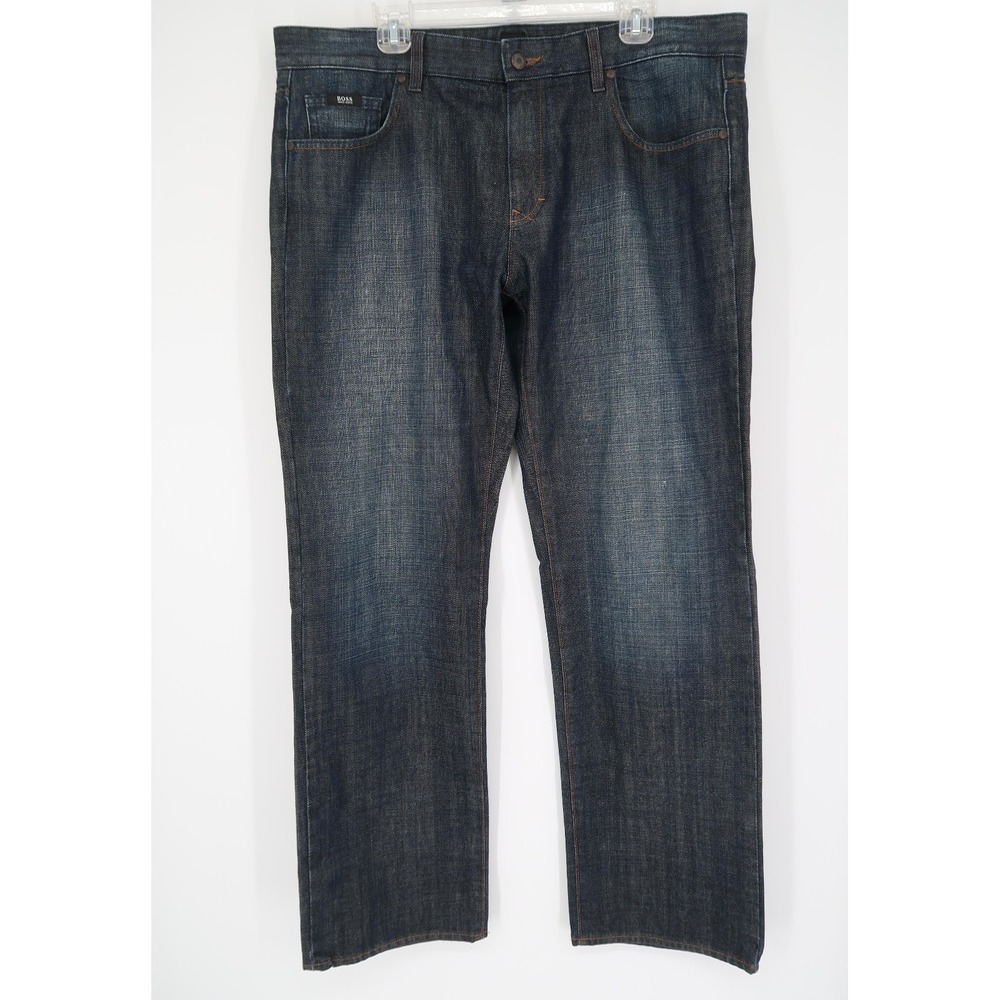 Hugo Boss Mens 38x32 Kansas‎ Jeans Straight Leg Blue Dark Wash Denim Regular